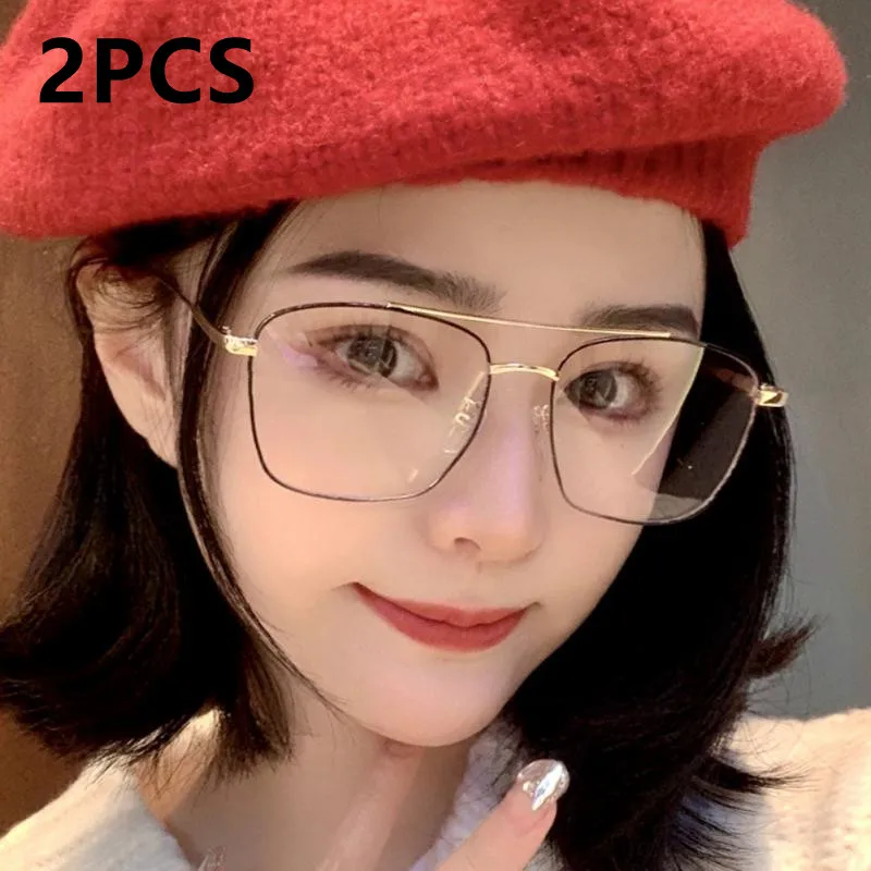 2PCS New Ultra Light Glasses Metal Frame Retro Double Beam Anti-Blue Light Glasses Women's Fashion Color Changing Glasses