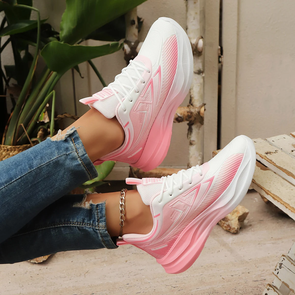 

Women's Spring Summer New Mesh Big Size Sneakers Soft Sole Non Slip Lightweight Breathable Lace Up Cushioned Running Shoes