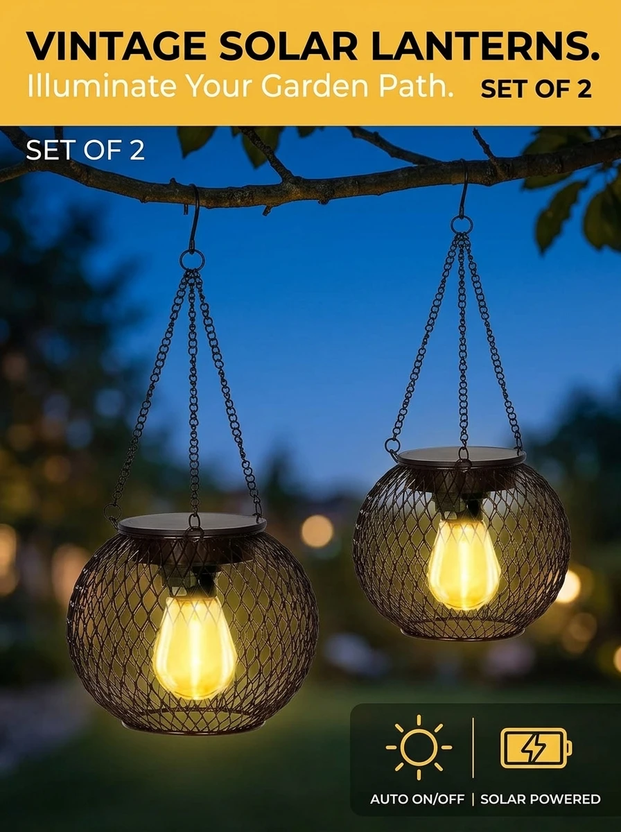 2‑Pack Solar Hanging Lanterns Outdoor, IP65 Waterproof Metal Mesh Solar Lantern with Retro Edison LED Bulb, Auto On/Off 2700K Warm White Solar Lamp for Garden Patio Yard Porch Tree Camping Decor