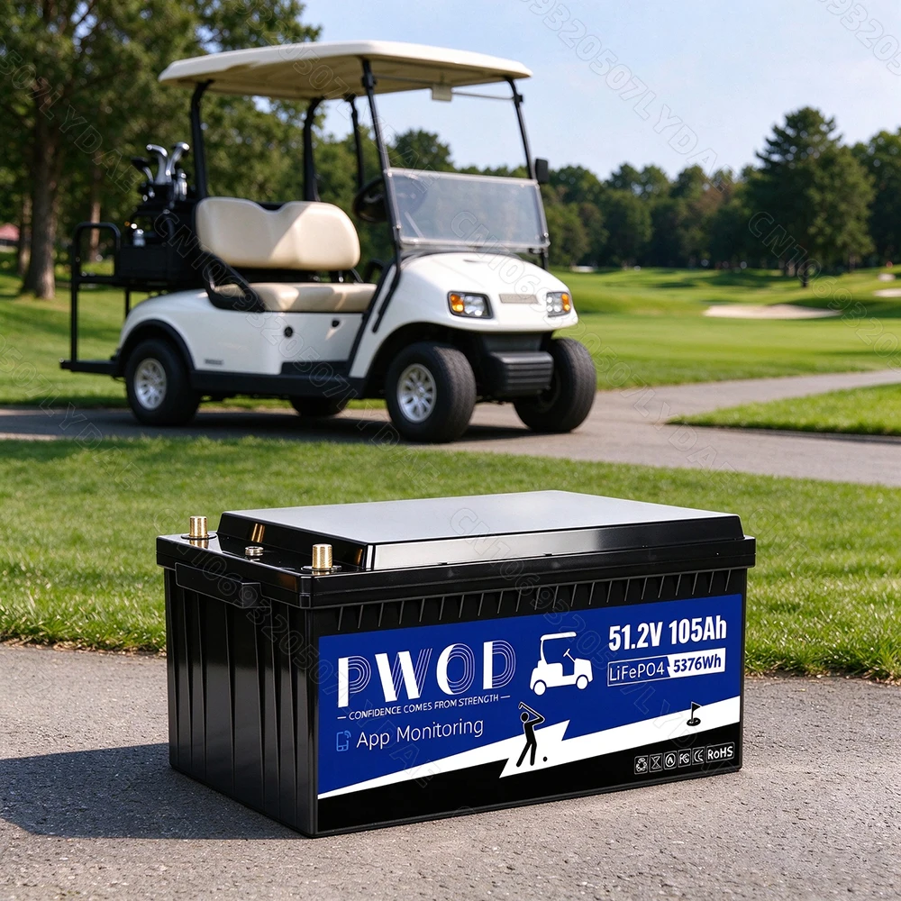 US Stock 48V 105ah Golf Cart Lifepo4 Battery Pack 3A Active Balancing Built-in 16S 200A Smart Bluetooth BMS With Charger LCD Screen 5736WH 51.2V LFP Rechargeable Battery For RV Home Solar Energy Storage Golf Cart Backup Power