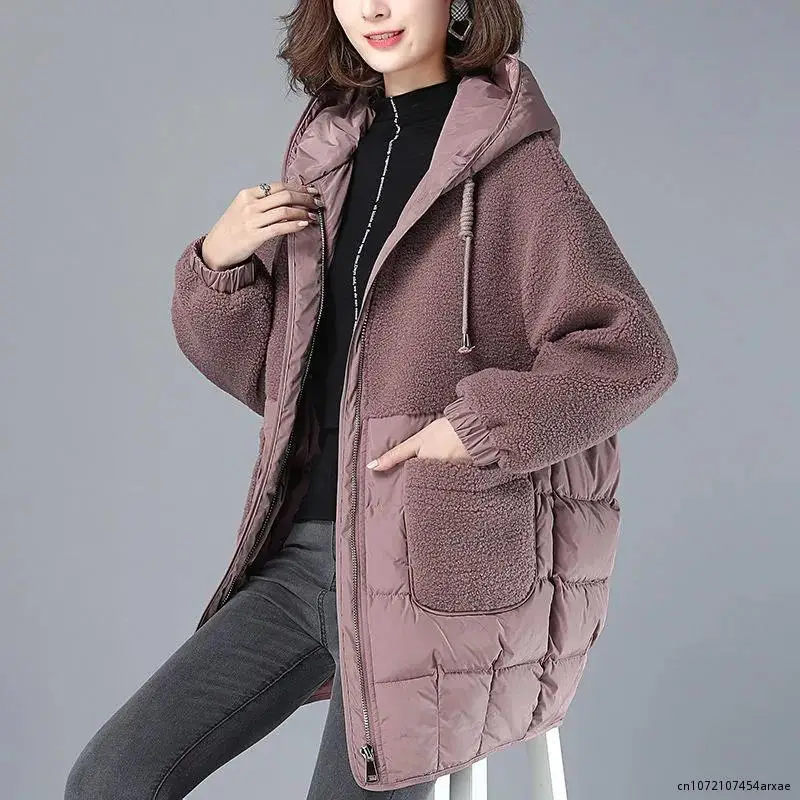 Women Padded Jackets Autumn Winter Hooded Outerwear 2023 Loose S-4XL Down Cotton Jacket Mid-Length Lamb Wool Thick Coat Female