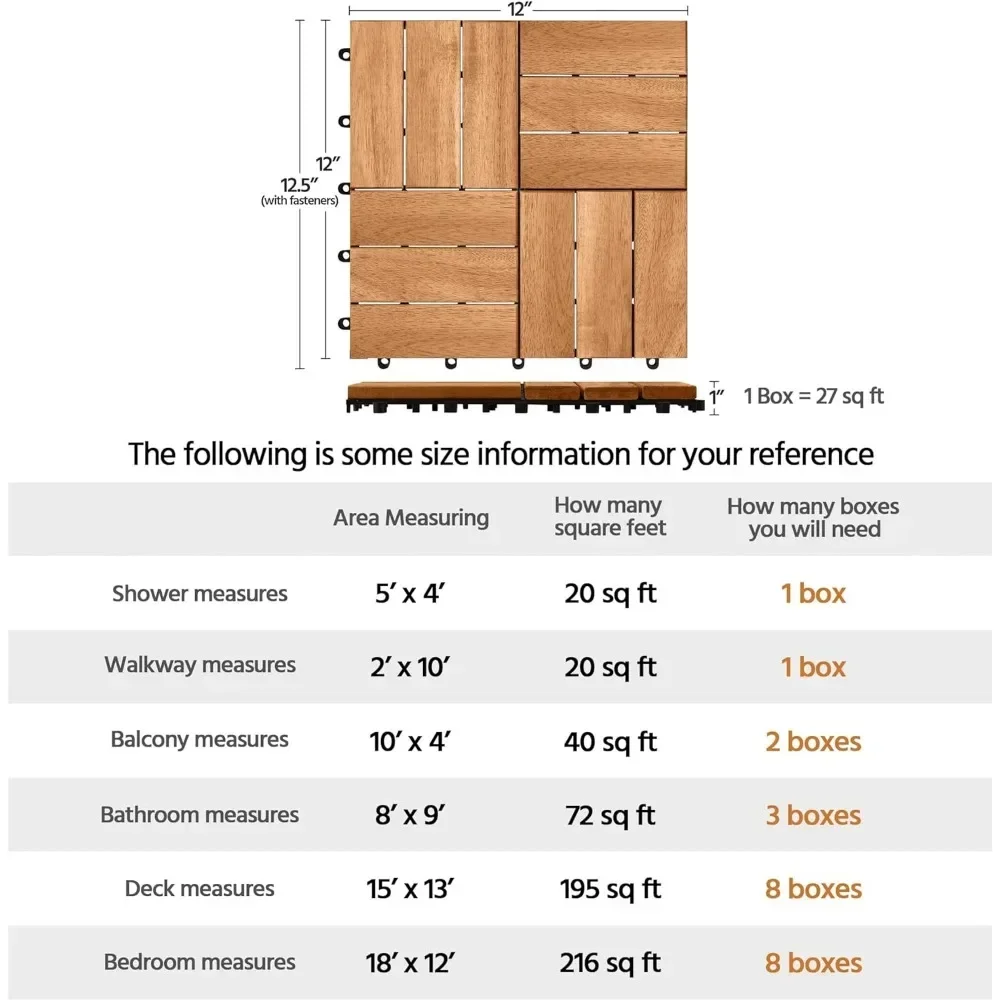 Suelo de jardín, 108 piezas de suelo impermeable Acacia entrelazado de madera dura para uso exterior, 12 ''x 12'', suelo de jardín