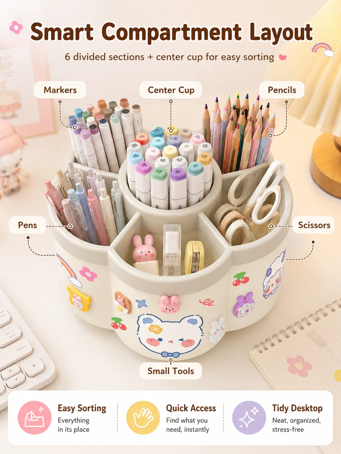 UTE Rotating Desk Organizer – 360° Pencil Holder with 6 Compartments, Large Storage Cup for Pens, Makeup Brushes, Markers & More