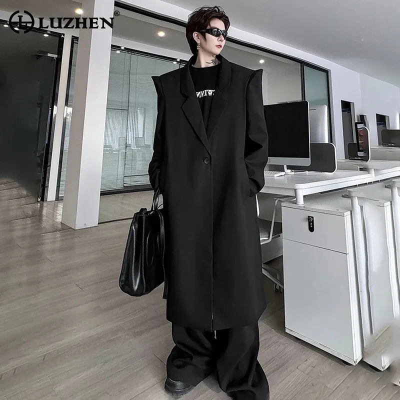 

LUZHEN 2024 New Personality High Street Shoulder Pad Design Long Trench Coat Men Trendy Knee-length Original Windbreaker LZ3260