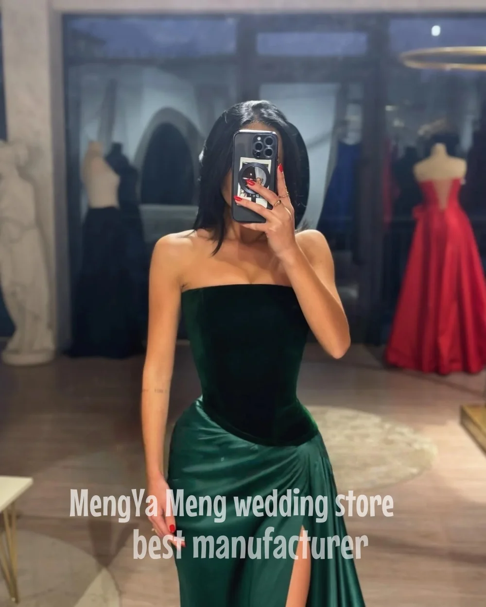 ZHUISHU Thinyfull Mermaid Velvet/Satin Evening Party Gown Strapless Sleeveless Prom Dress Split Formal Occasion Dress Customized