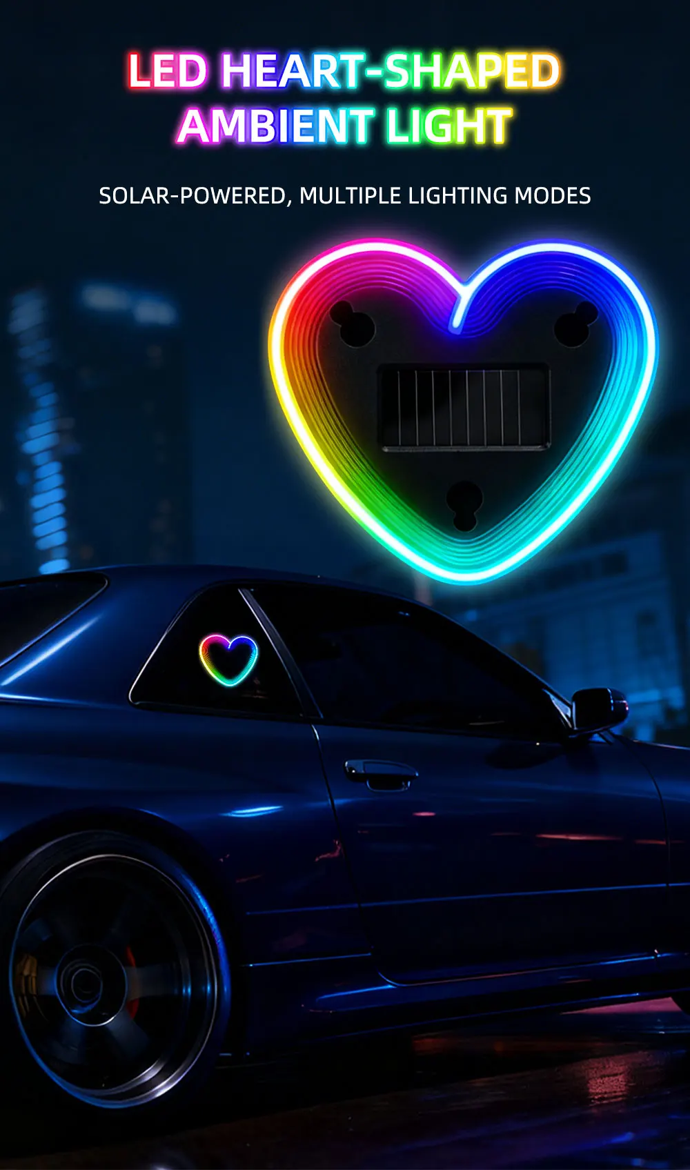 1PCS USB Solar Powered Heartshaped Symphony Colorful Led Ambient Light Bedroom Night light Front Rear Windowsheid Decoration