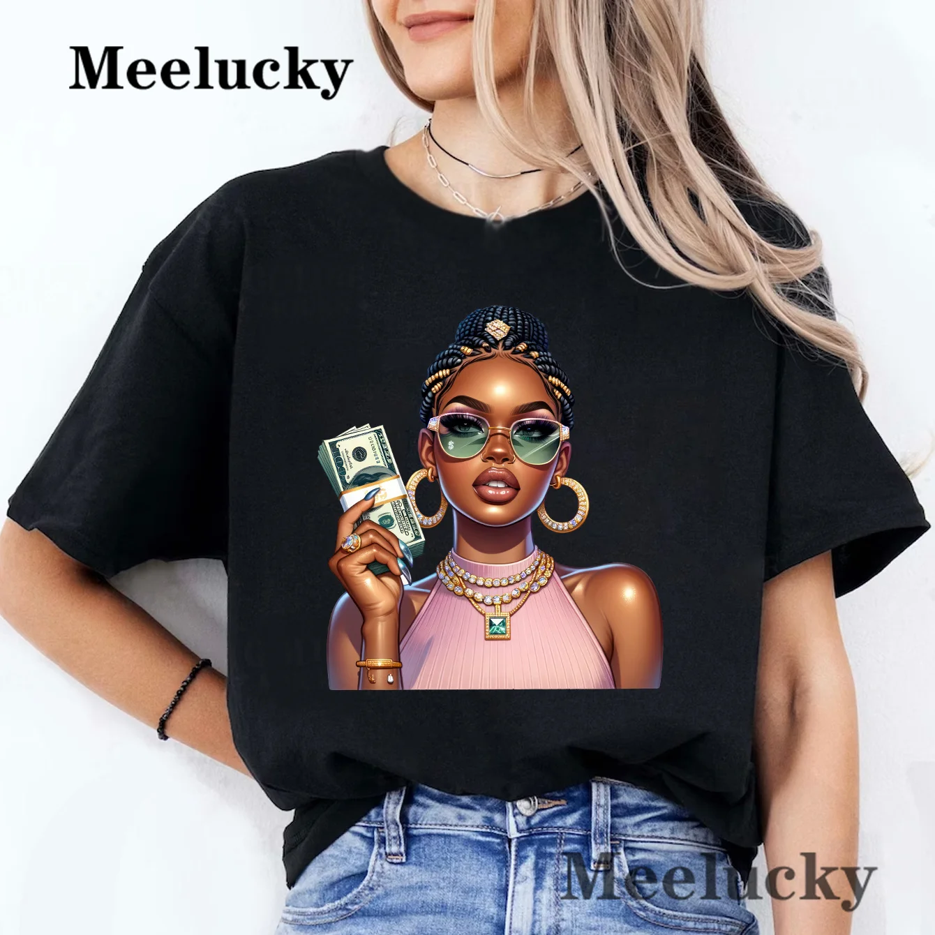 Wealthy Black Girl Print T Shirt Women Graphic Shirts Casual 100%Cotton Short Sleeve Female Tee O-neck Retro Style Tops