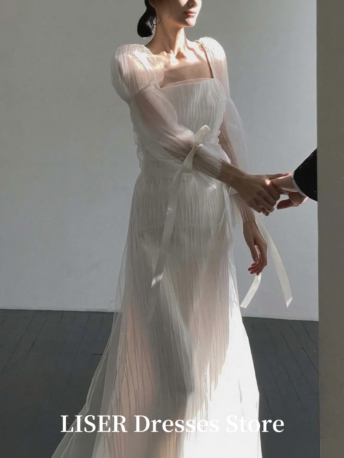 Liser Ivory Fairy Long Korea Wedding Dresses Square Collar Long Sleeves Lady Photoshoot Bridal Gowns Customized 웨딩드레스