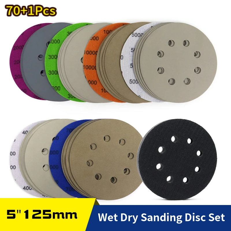 

5 Inch Sanding disc 125mm Hook Loop Assorted Grit Sandpaper for Wood Furniture Finishing,Metal Grinding, Auto Polishing-71 Pcs