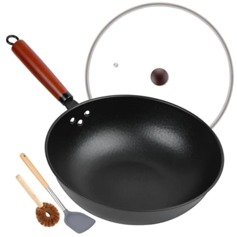 

13" Nonstick Wok - Wok Pan with Glass Cover, Carbon Steel Woks and Stir-Fry Pans: Flat Bottom Chinese woks for Electric, Induct