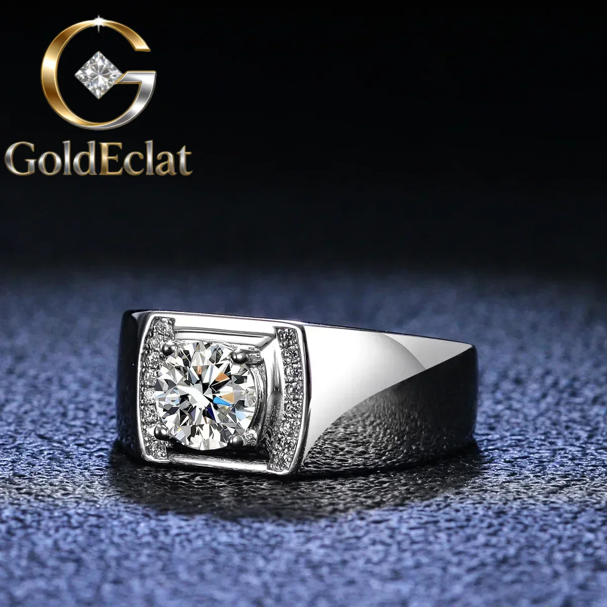 GoldEclat  High - End PT950 Platinum Men's Ring with Moissanite Diamonds, Finished with Sophisticated Atmosphere