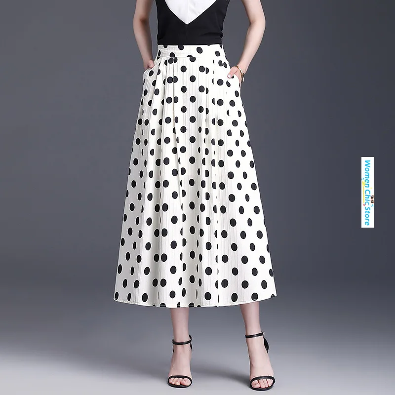 

Women Chic Zipper High Waist Loose Long Dot Skirt 2024 Summer New Elegant Casual Korean Style A-line Maxi Skirts M-4XL 73139