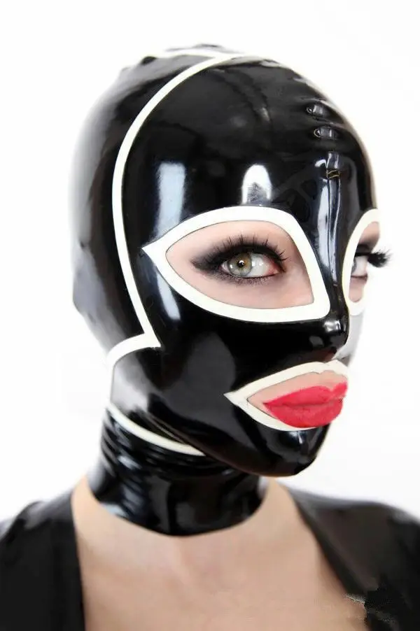 

Latex Hood Rubber Mask Sexy Women Girl Club Party Costumes Black With White Trim Zenta Back Zipper