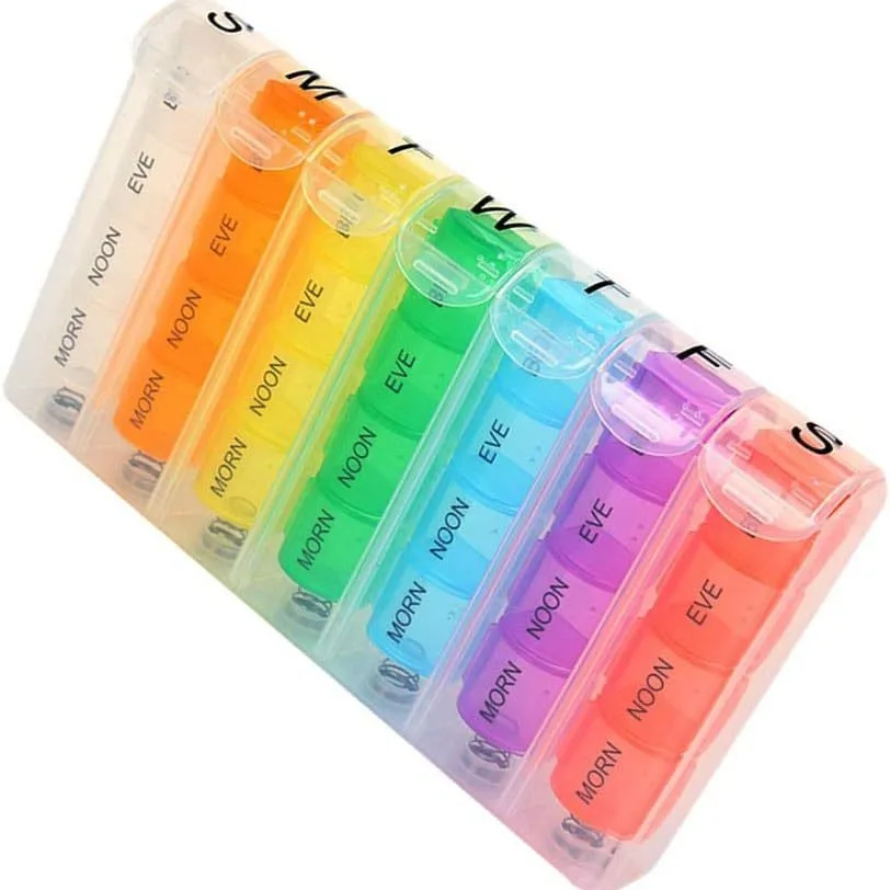 

Rainbow 28 Grid Weekly Daily Portable Spring Pill Storage case Medicine Tablet Box for outdoor Travel