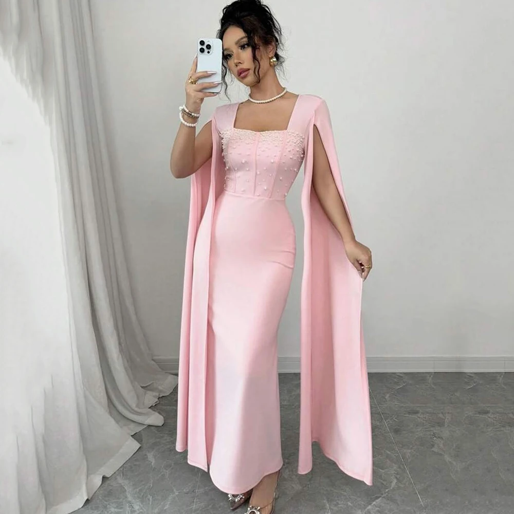 

Простое розовое вечернее платье из джерси с квадратным воротником по индивидуальному заказу, вечернее платье с кристаллами и русалкой, платье длиной до щиколотки со шлейфом