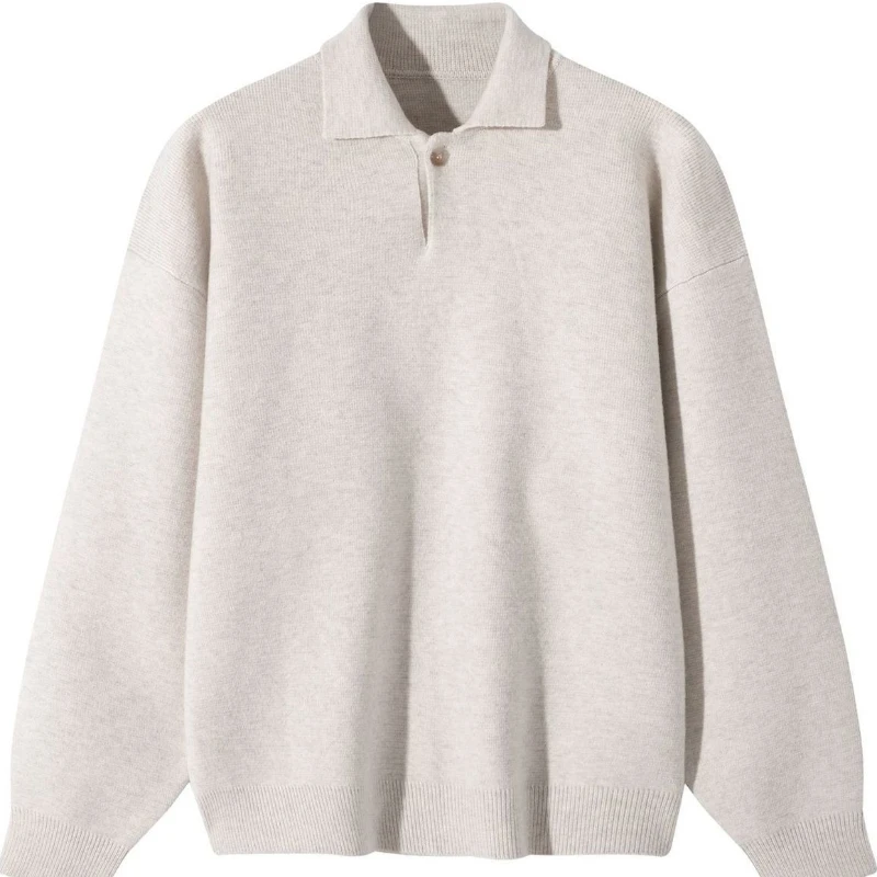 Men's Autumn/Winter Premium Polo Collar Knit Jacket Solid Color American Style Lazy BF Fit Versatile Trendy Sweater Outerwear