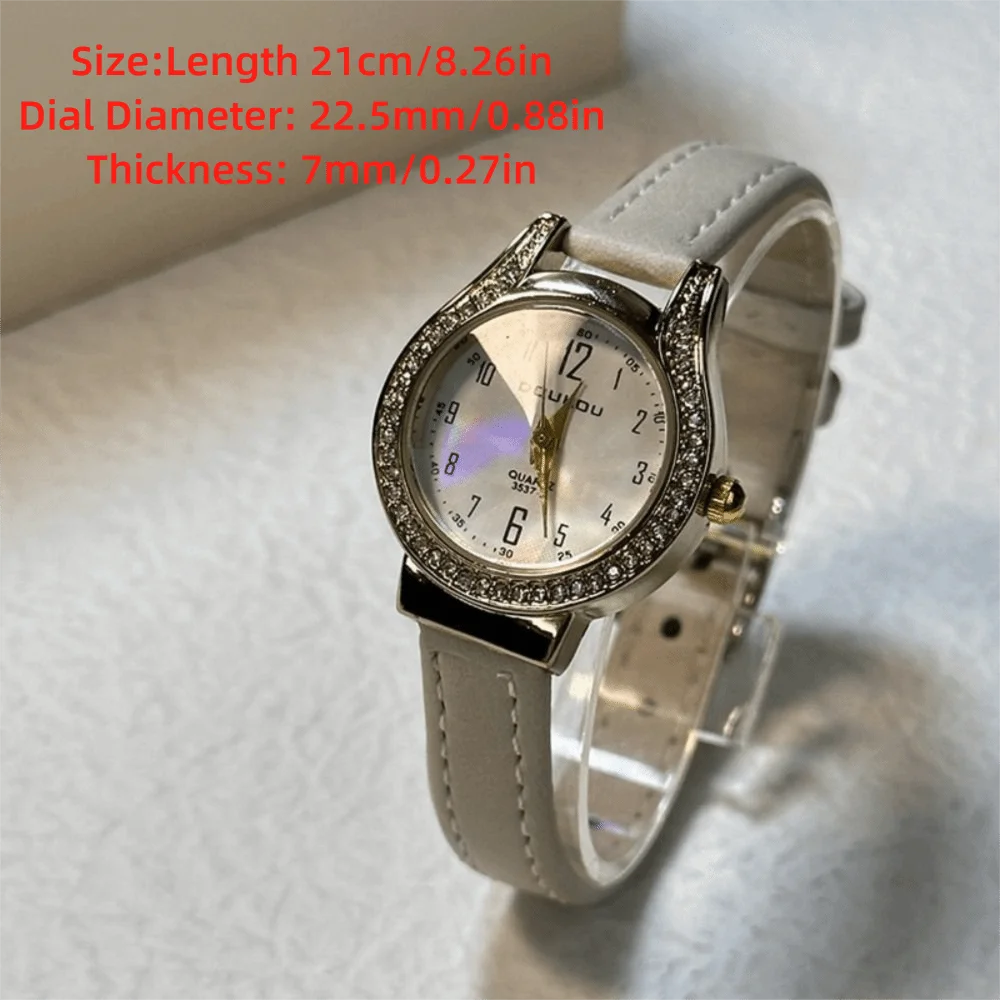 韓国スタイルのソフトレザーストラップレディース腕時計ラインストーンデザインエレガントなラインストーン腕時計ラウンドダイヤル文学時計女性ギフト