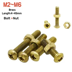 M2 M2.5 M3 M4 M5 M6 Brass Phillips Round Pan Head Bolt Nut Combination Set Copper Cross Recess Machine Screw Length 4~45mm
