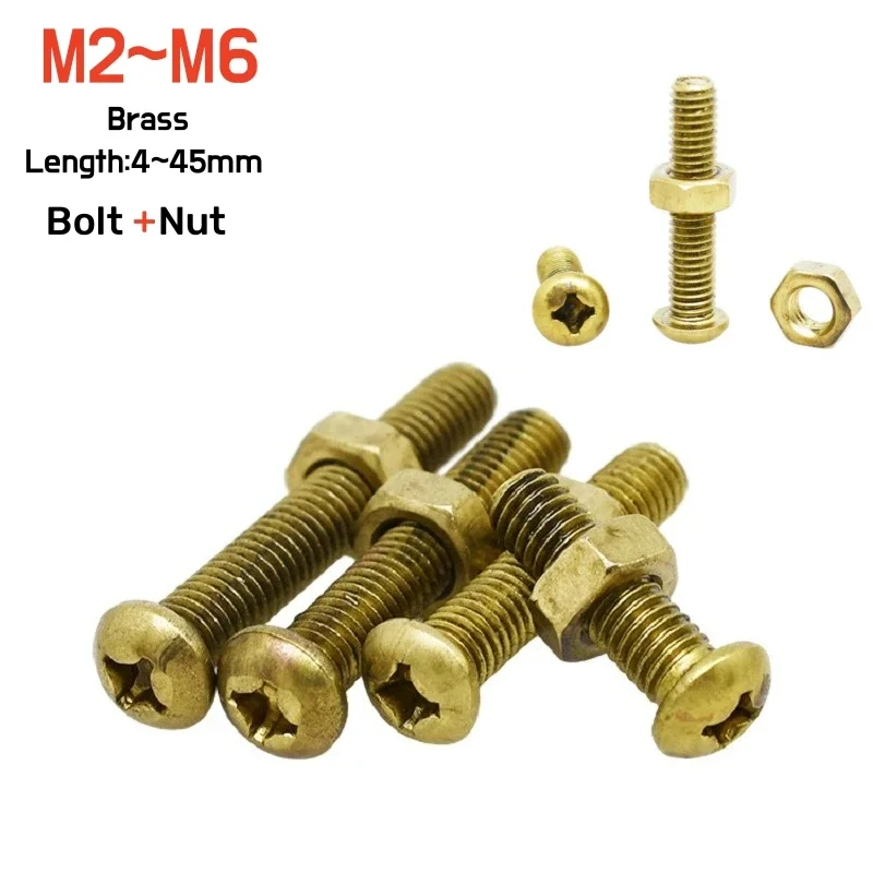 M2 M2.5 M3 M4 M5 M6 Brass Phillips Round Pan Head Bolt Nut Combination Set Copper Cross Recess Machine Screw Length 4~45mm