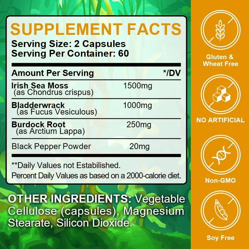 60/120PCS Organic Sea Moss Capsules Supplement Iron, Zinc, Selenium, Calcium Trace Element Supports Thyroid Improve Immunity