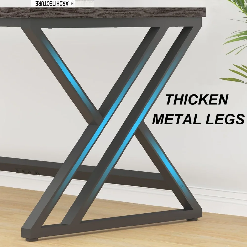 Long Rustic Computer Desk, Industrial Large Wood Metal Office Desk, Modern Pc Study Gaming Writing Table for Two Person, Wor