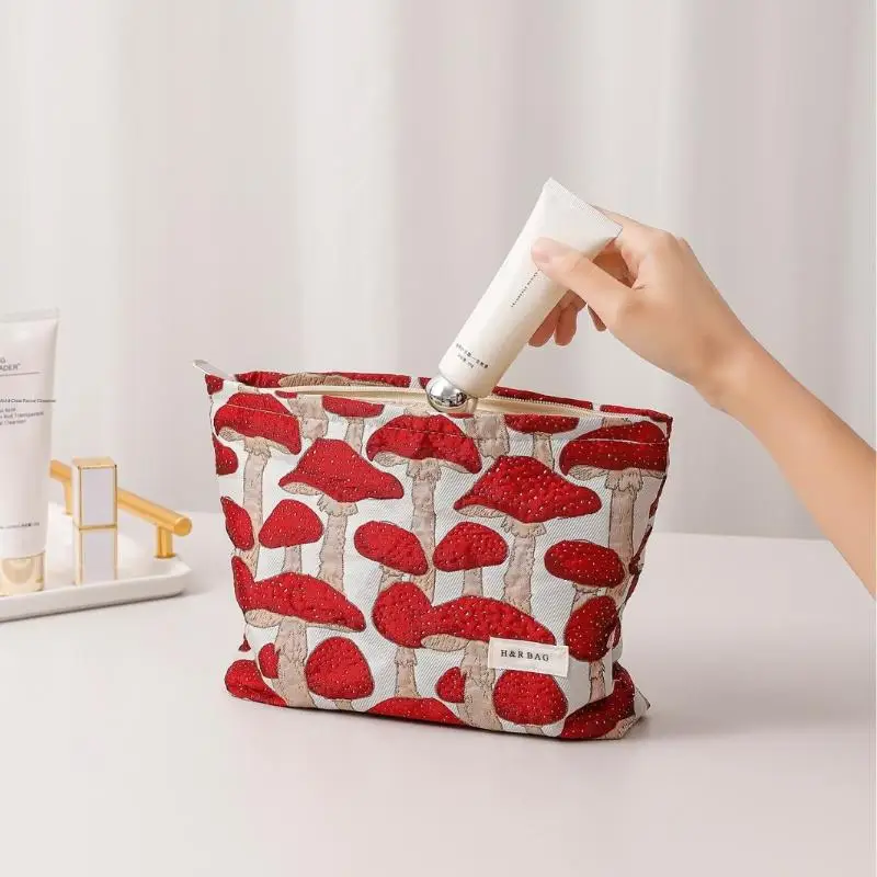 New Retro Art Mushroom Jacquard Fabric Makeup Bag Women Zipper Square Pouch Clutch Cosmetic Travel Toiletry Bag view 6