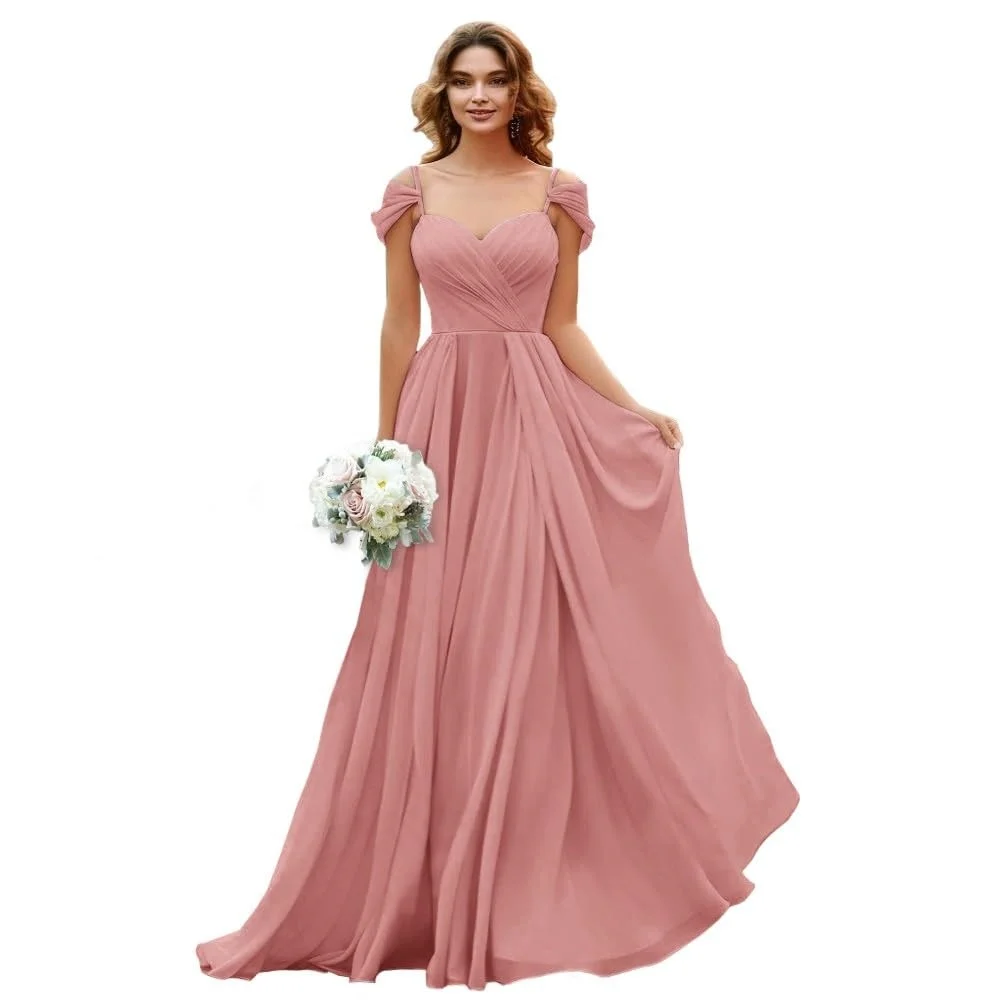 Pink Sweetheart Bridesmaid Dresses Chiffon Spaghetti-strap Wedding Guest Dress A-Line Floor Length Ruched Dress Slim Customized