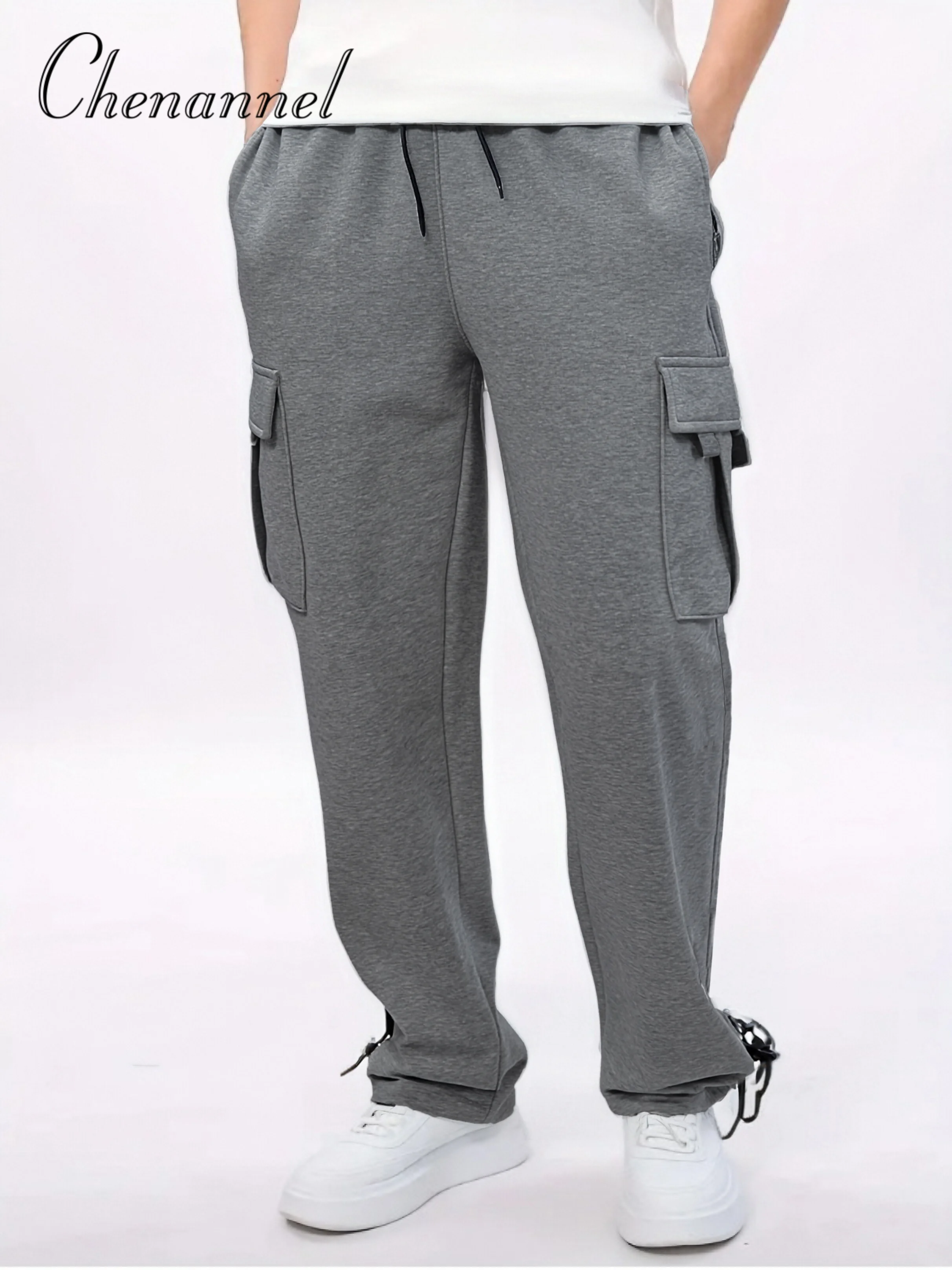 

Men's Autumn Sports Sweatpants, Black Side Pocket Straight Leg Elastic Waist Long Trousers