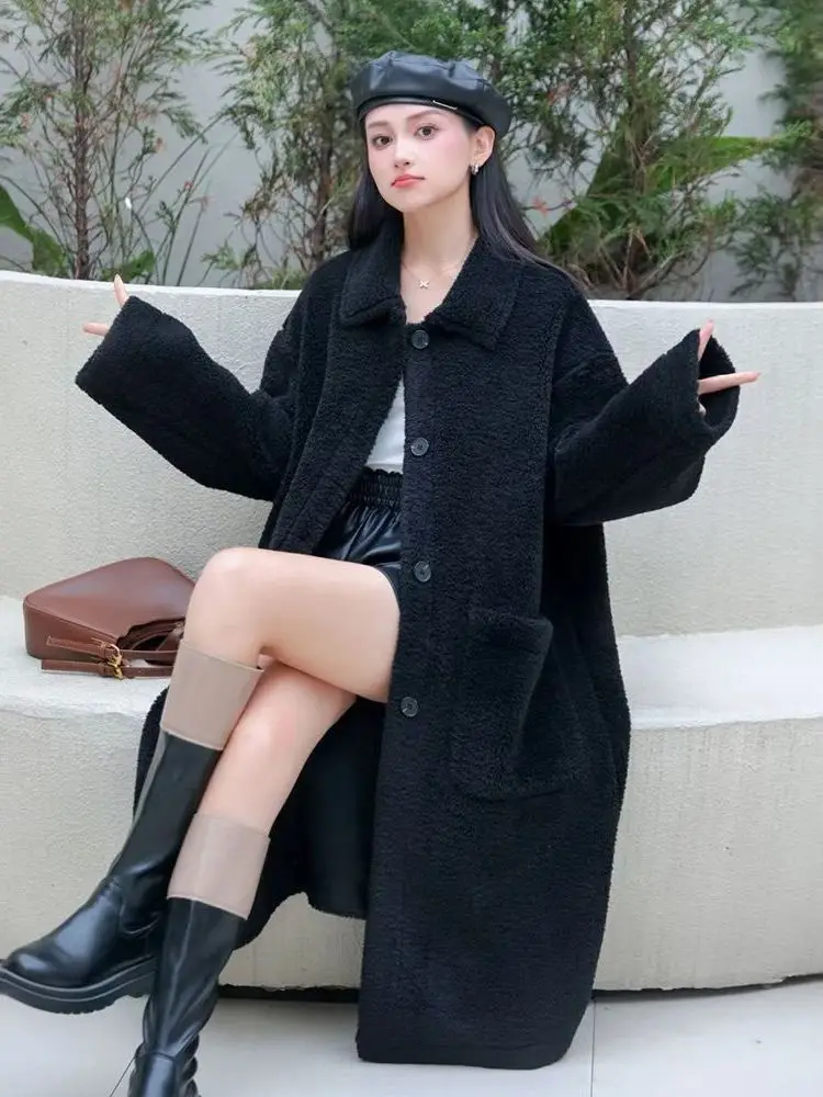 Japanese Style plus Size Women's Long Lamb Fur Jacket Thickened Black Loose Slimming Coat Winter New Arrival Commute Style