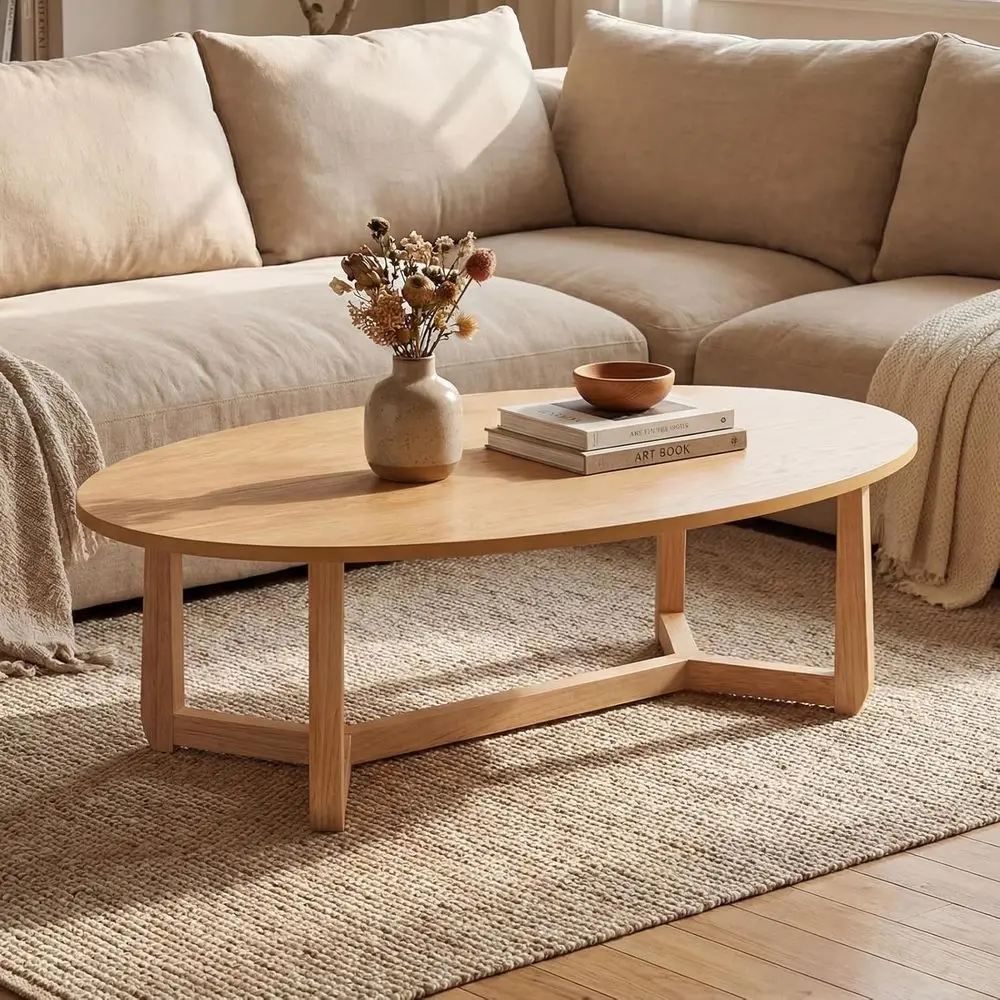 

46 Natural Wood Center Table with Thickened Top and Solid Rubber Wood, Modern Living Room Cocktail Table