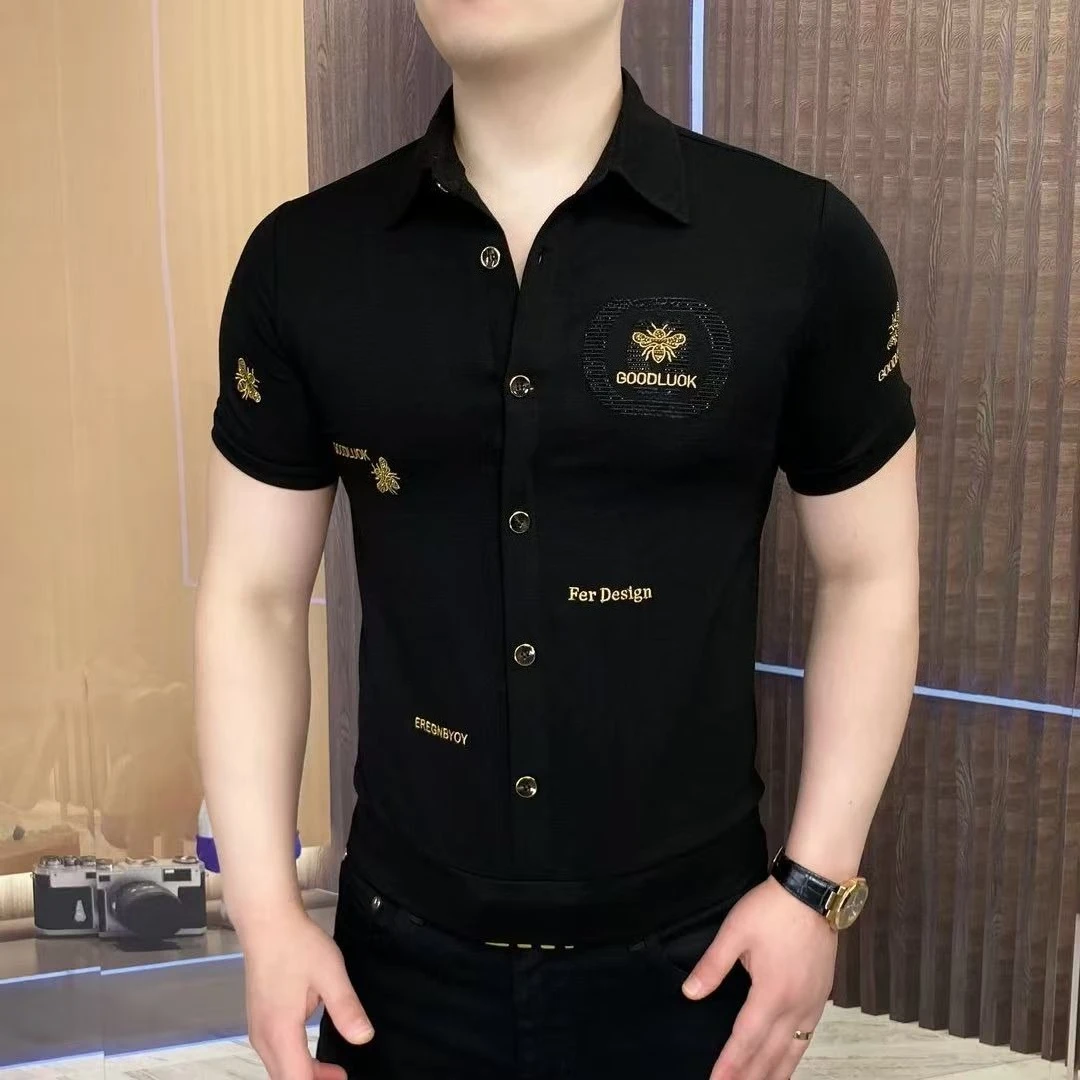 

Летняя мужская футболка со стразами и лацканами с короткими рукавами, черная приталенная повседневная деловая рубашка-поло, мужская рубашка-поло с вышивкой M-5XL