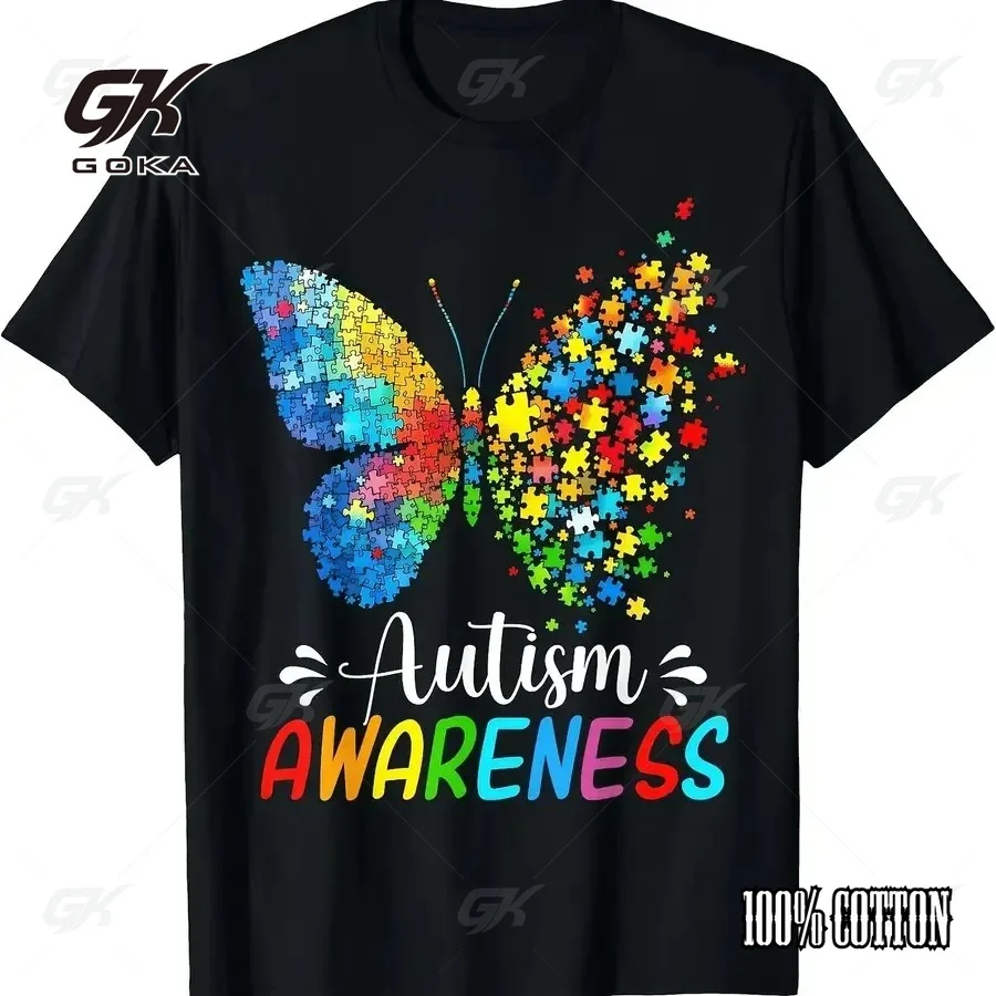 Autism Awareness Butterfly Puzzle Pieces T-Shirt, Black Colorful Autism Support Graphic Tops Neurodiversity Casual Streetwear