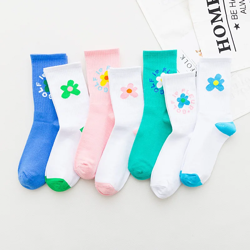 Ins Flowers Hyun Korean Version Pink Socks Women College Art Wind  Kawaii Socks Spring and Autumn for Female 7 Colors 178