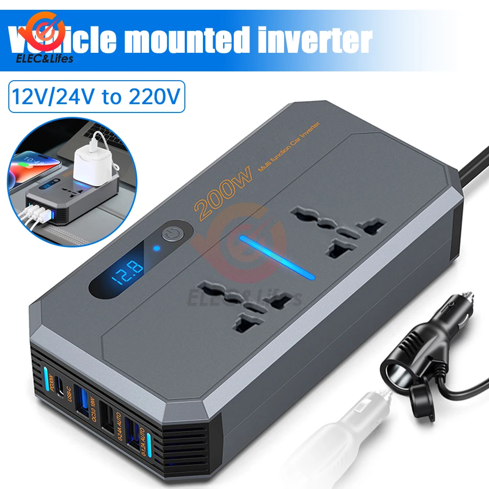 محول طاقة السيارة مع شاشة ليد ، محول جهد ، محول شاحن محول ، حماية متعددة ، 4USB ، 12 فولت تيار مستمر ، 24 فولت إلى تيار متردد