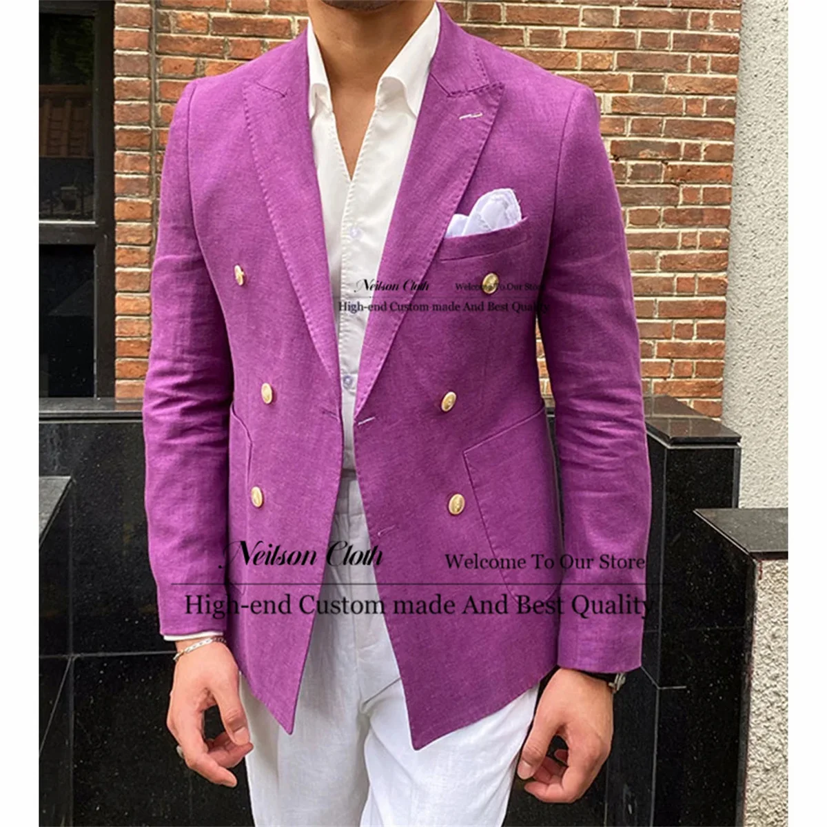 Formal Linen Peaked Lapel Male Prom Blazers 2 Pieces Sets Double Breasted Wedding Suits For Men Slim Fit Groomsmen Costume Homme