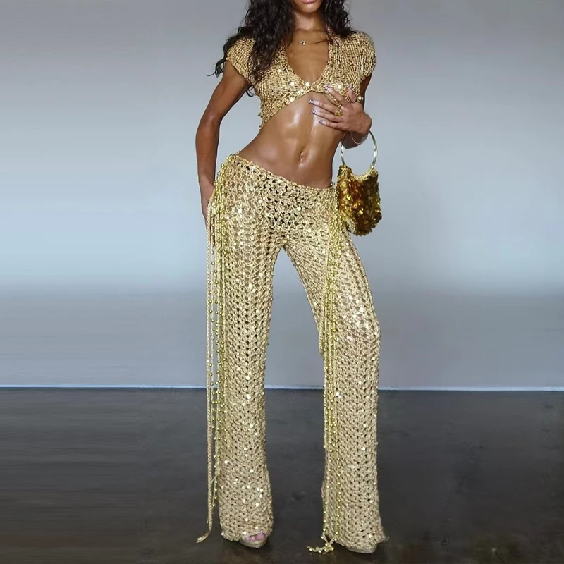 

Модный вечерний крутой индивидуальный повседневный костюм для девочек, сексуальный пикантный комплект для девочек с блестящими бусинами и полоской на талии, открытый комплект в уличном стиле