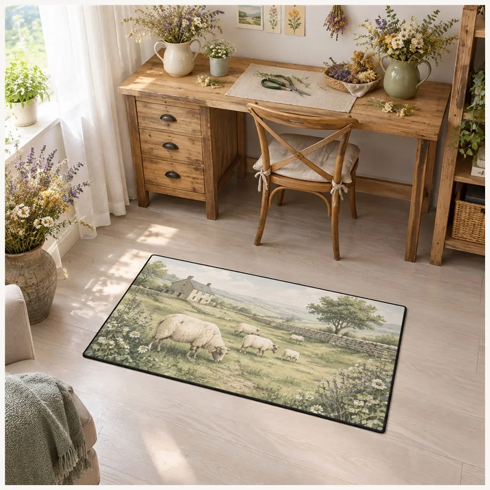 VIKAMA Shepherds Meadow Door Mat, Soft Touch Non Slip Flannel Rug, Country Charm Floor Mat for Pantry, Cloakroom, Hallway