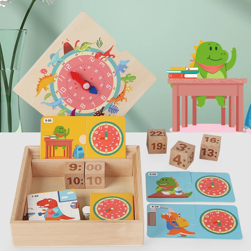 

Montessori Baby Toy Wooden Dinosaur Clock Time Cube with Colorful Card Game for Toddlers Clock Recognition 3 Years Old Children