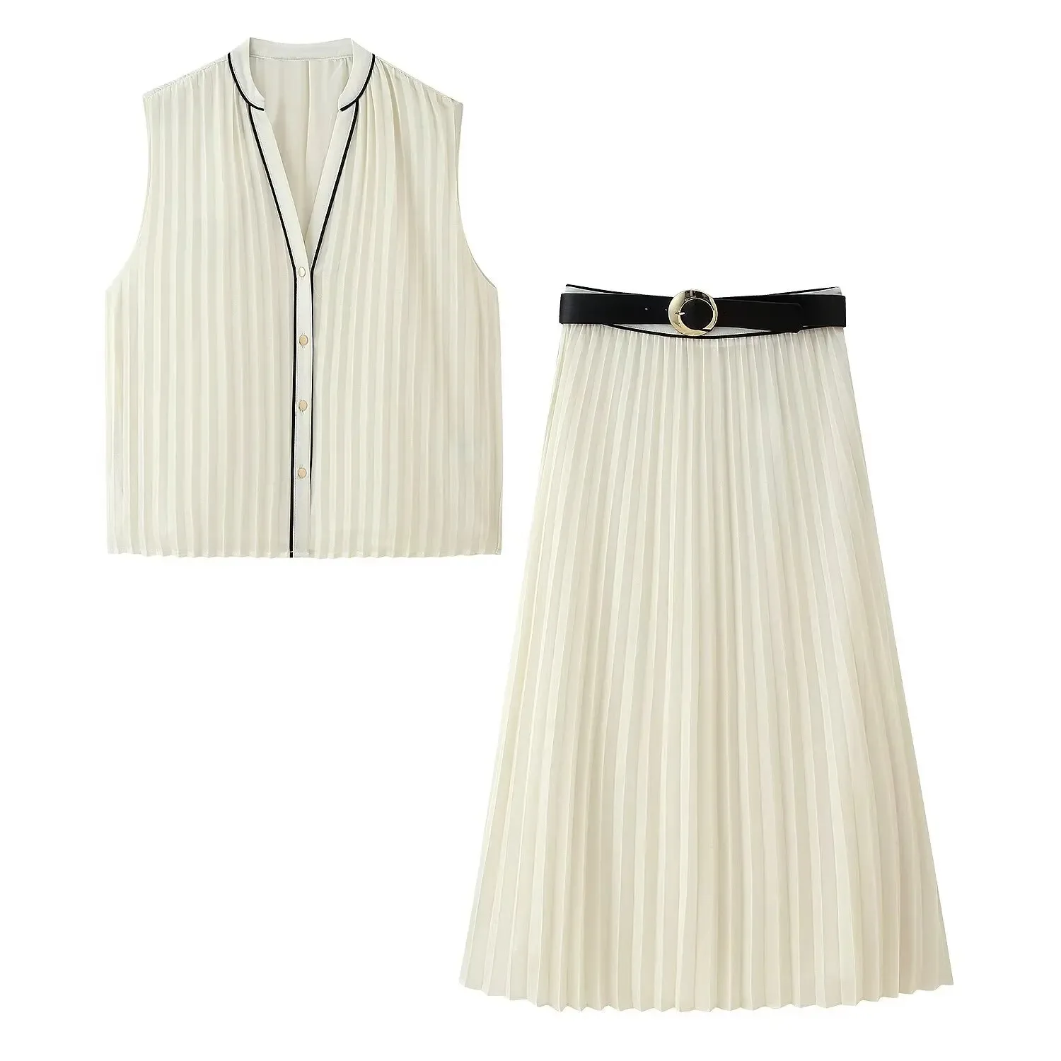 

TRAFZA Women Solid Pleated Skirt Set V-Neck Sleeveless Single-breasted Shirt+High Waist Belt Decoration Casual A-Line Midi Skirt
