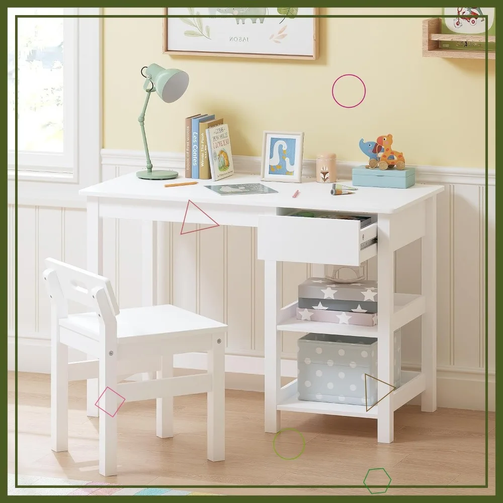 Kids Study Desk and Chair Set with Drawer, Wooden Table for Ages 3-8, Student Writing Workstation