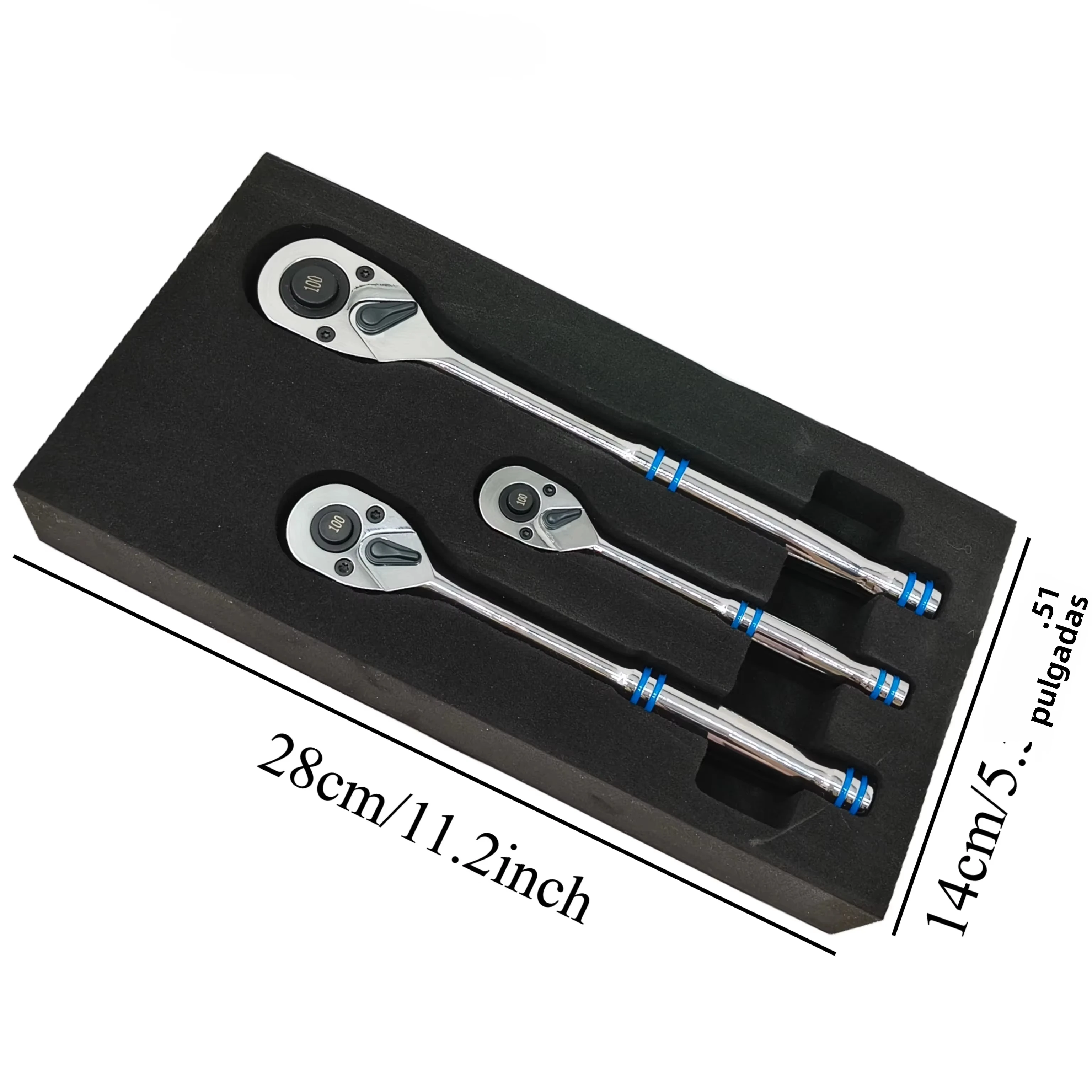 100-Tooth Quick-Release Ratchet Wrench Set, 1/4-Inch, 3/8-Inch, 1/2-Inch Drive, Chrome Vanadium Steel, 3-Piece with EVA Storage Tray