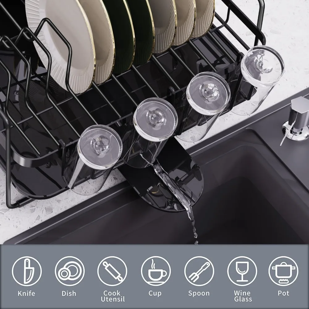 Runnatal Grande Prato Secagem Rack com Drainboard Set, extensível Prato Rack, Suporte Utensílio, Suporte Cup, Expansível Escorredor De Prato