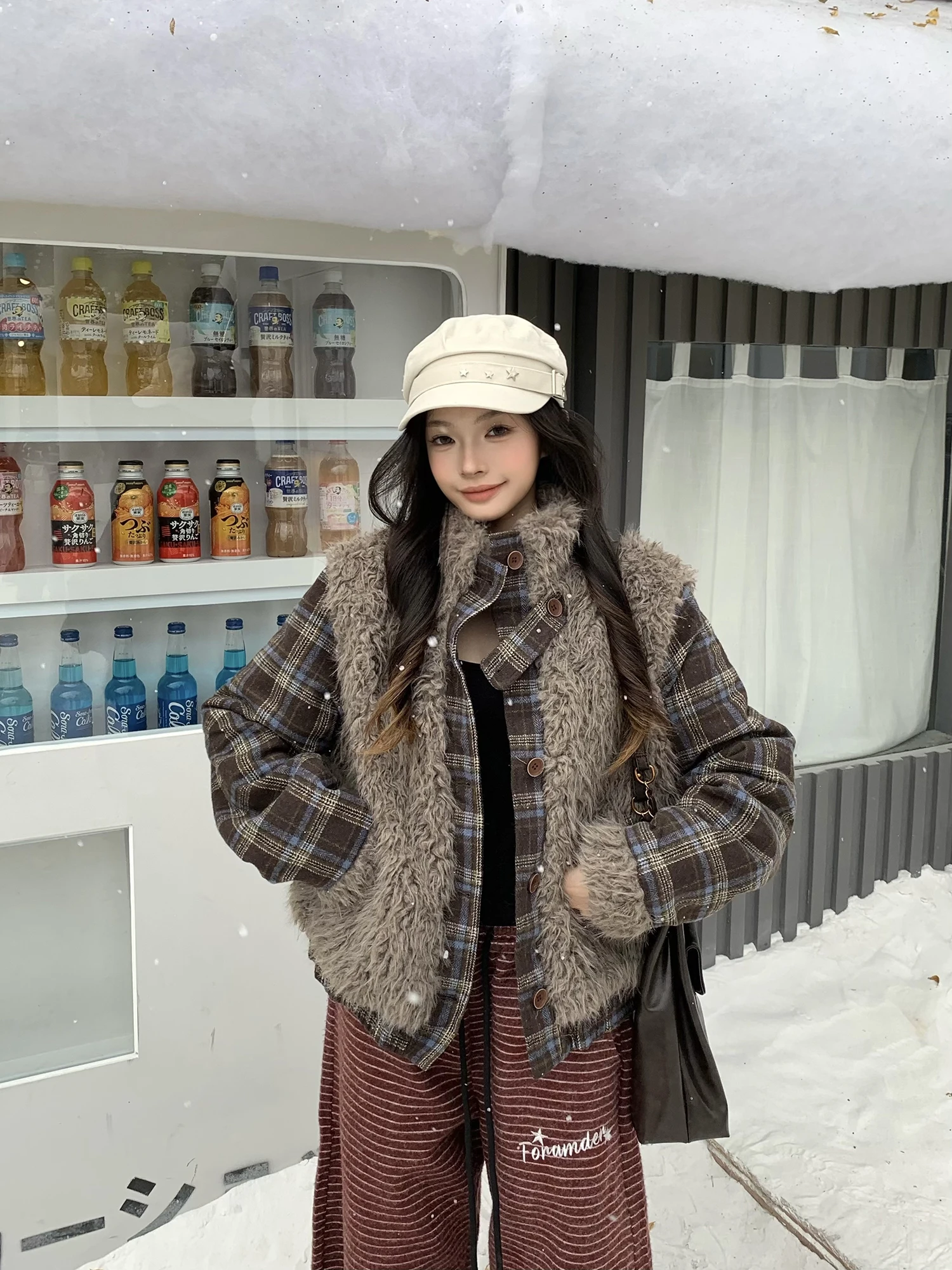 

Retro American Aosphere Plaid Splicing Fluffy Cotton Jaet Women's Winter New All-Match Stand Collar Outerwear