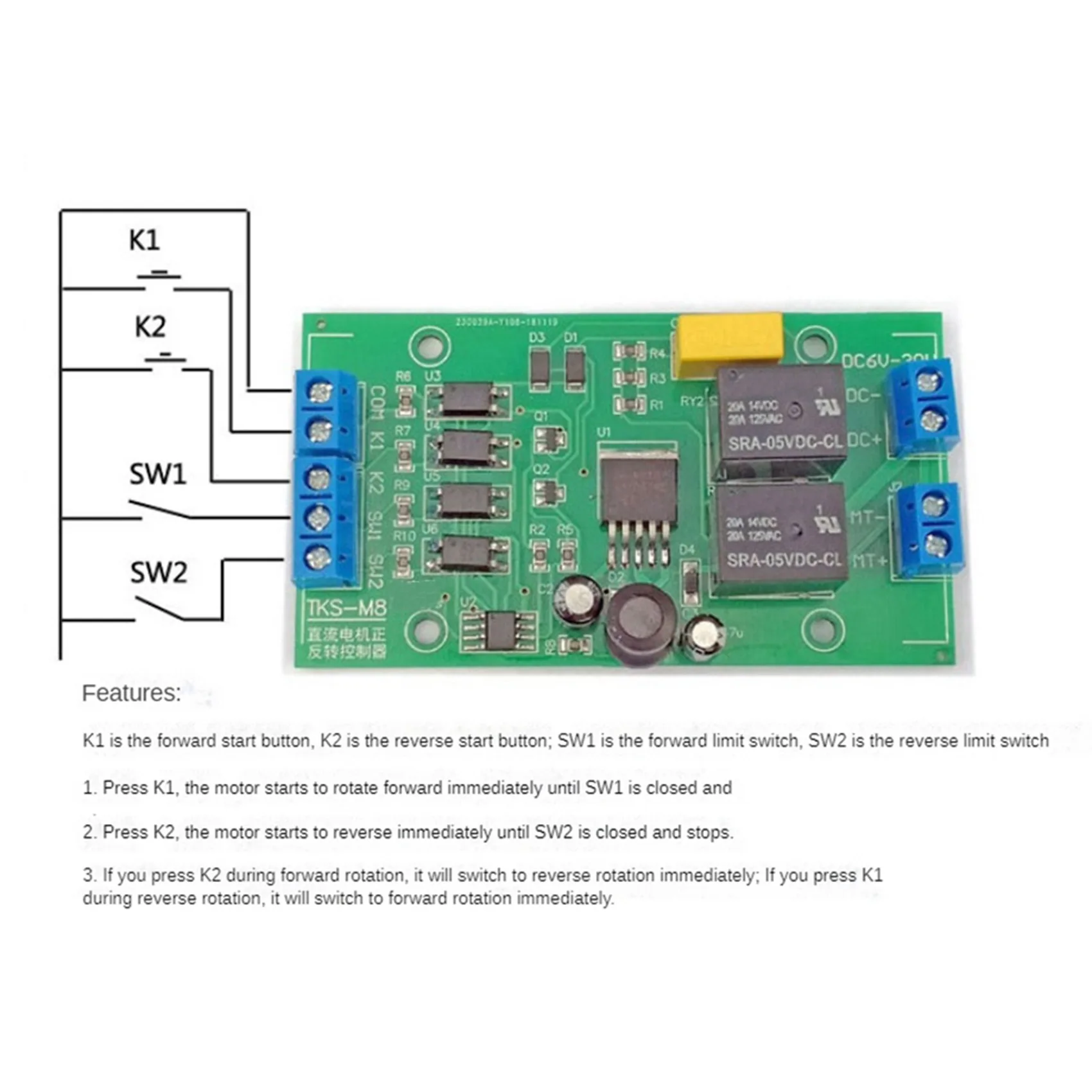 ABRW-3X DC 6V 12V 24Vモーター正転・逆転コントローラー 20A高電流 リミットリレー付きドライバー リフティングコントロールボード P0