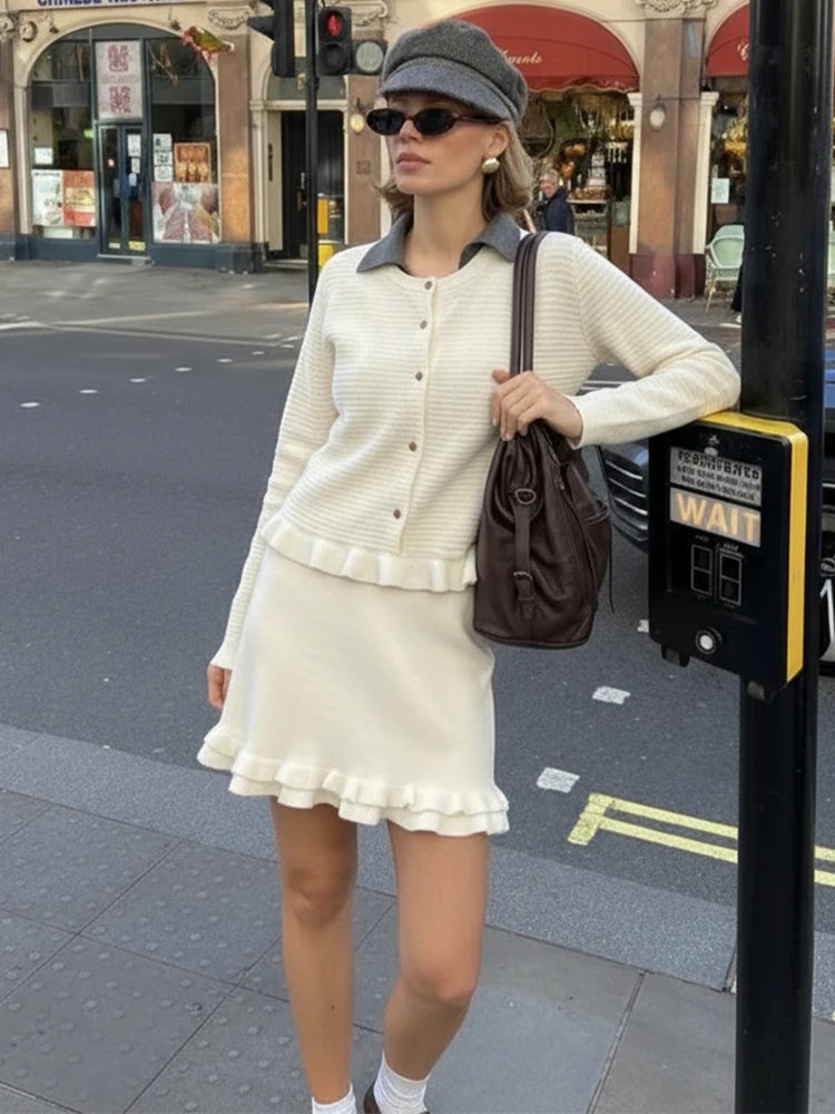 HH Lässiger Damen-Strickpullover, Minirock-Sets, 2026, Frühling, O-Ausschnitt, lange Ärmel, Rüschen-Strickjacke + Minirock-Anzug mit gewelltem Saum