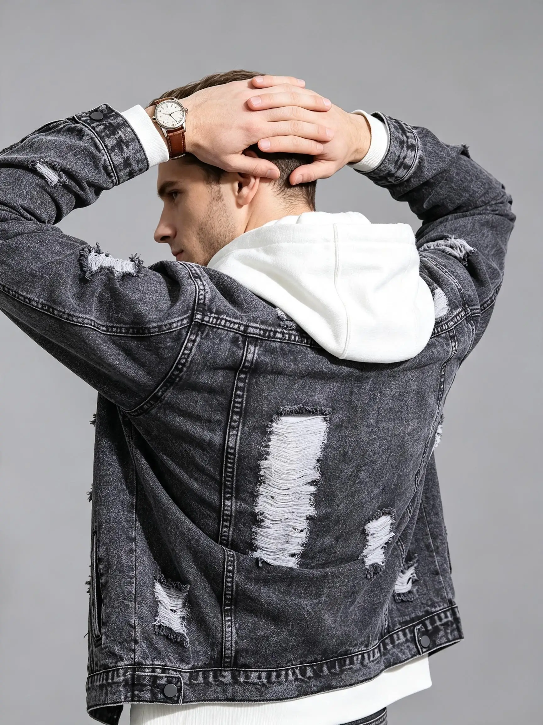 Immagine 3: Giacca in denim da uomo a vestibilità ampia con bordi sfrangiati in stile Y2K, giacca streetwear alla moda, regalo carino per il tuo partner.
