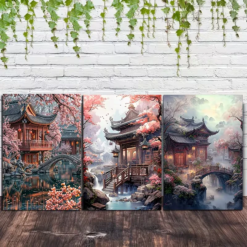3PCS DIY Diamond Painting Cross Stitch Chinese Ancient Pavilion Landscape Full Drill Diamond Art,Mosaic Embroidery,Home Decor