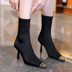 Women's Single Shoes Spring and Autumn New Pointed Lean Elastic Boots Fashion Temperament Skinny Heel Increase Mid-calf Boots