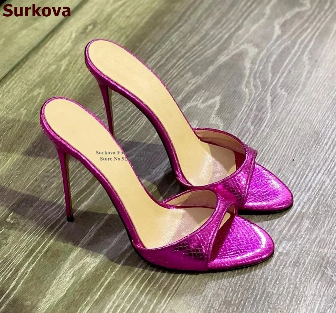 

Surkova Ladies Sexy Fuchsia Snakeskin High Heel Slippers Sky High Slip On Summer Dress Shoes Hologram Iridescent PVC Pumps