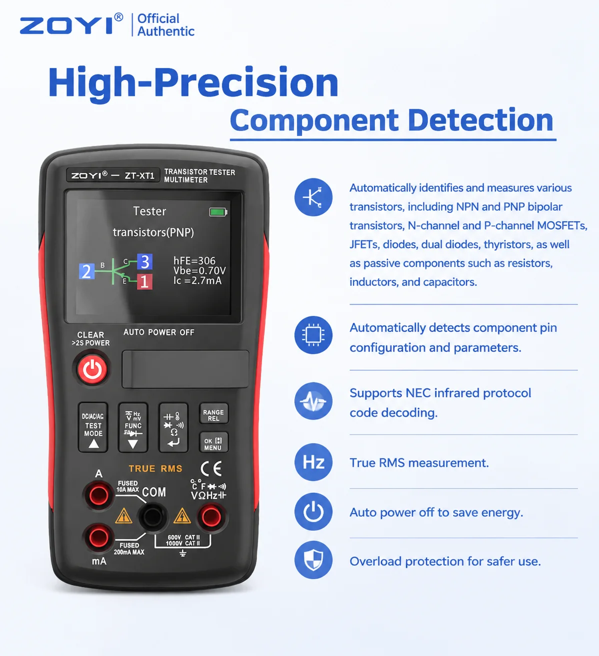 ZOYI ZT-XT1 2-in-1 Smart Multimeter Transistor Tester High Precision Auto Detect Components for Electrician Electronics Repair